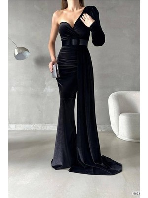 Lior Design Kadın Ince Kadife Kumaş Tek Omuz Kemerli Maxi Abiye Elbise