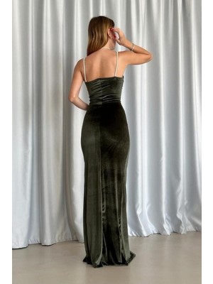 Lior Design Kadın Günlük Esnek Kadife Kumaş V Yaka Yırtmaçlı Abiye Elbise