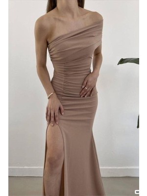 Lior Design Kadın Vintage Straplez Yırtmaçlı Maxi Abiye Elbise