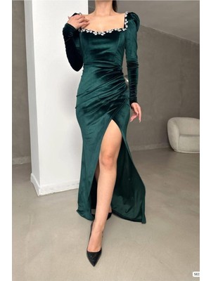 Lior Design Kadın Trend Tasarım Kare Yaka Taş Detaylı Uzun Kollu Abiye Elbise