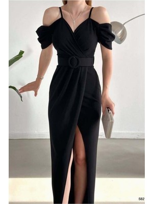 Lior Design Kadın Trend Krep Kumaş V Yaka Yırtmaçlı Abiye Elbise