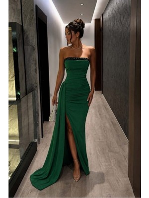 Lior Design Kadın Minimal Dik Yaka Payetli Maxi Uzun Kollu Abiye Elbise