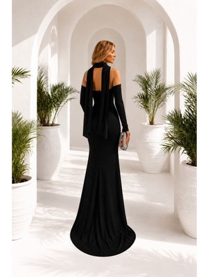 Lior Design Kadın Modern Tasarım Simli Kumaş Asimetrik Yaka Dekolteli Maxi Abiye Elbise