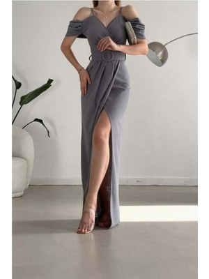 Lior Design Kadın Trend Krep Kumaş V Yaka Yırtmaçlı Abiye Elbise