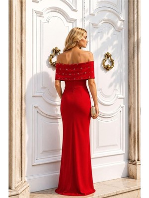 Lior Design Kadın Vintage Kayık Yaka Taş Detaylı Abiye Elbise