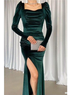 Lior Design Kadın Minimal Kadife Kumaş Kare Yaka Yırtmaçlı Abiye Elbise