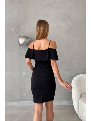 Lior Design Kadın Sade Madonna Yaka Volanlı Abiye Elbise