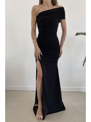 Lior Design Kadın Vintage Straplez Yırtmaçlı Maxi Abiye Elbise