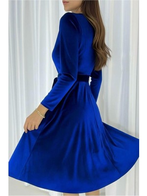 Lior Design Kadın Zarif Detay Kadife Kumaş V Yaka Kemerli Mini Abiye Elbise