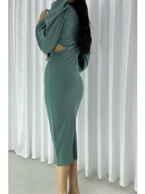 Lior Design Kadın Şık Krep Kumaş Degaje Yaka Yırtmaçlı Midi Abiye Elbise