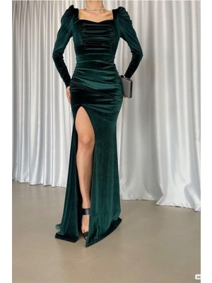 Lior Design Kadın Minimal Kadife Kumaş Kare Yaka Yırtmaçlı Abiye Elbise
