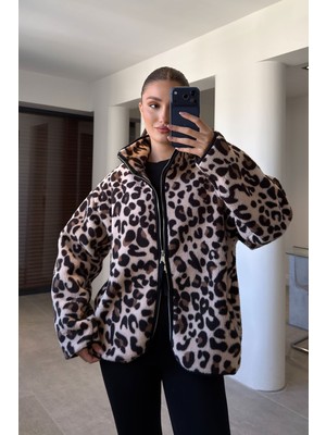 Magarde Premium Leopar Desen Fermuarlı Polar- Bej