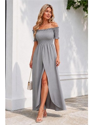 Lior Design Kadın Hediyelik Sıfır Yaka Yırtmaçlı Maxi Uzun Kollu Elbise