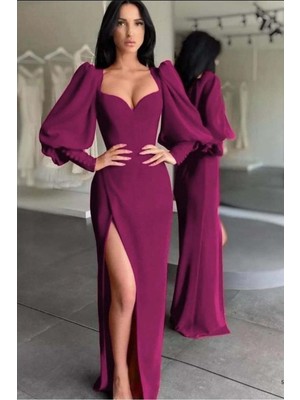 Lior Design Kadın Modern Stil Esnek Krep Kumaş Dik Yaka Yırtmaçlı Abiye Elbise