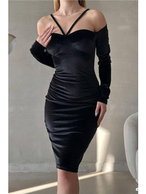 Lior Design Kadın Vintage Kalp Yaka Balık Kesim Uzun Kollu Abiye Elbise