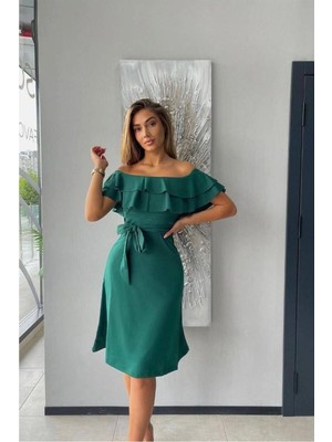 Lior Design Kadın Şık Krep Kumaş Kayık Yaka Kuşaklı Abiye Elbise