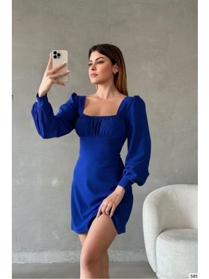 Lior Design Kadın Yeni Sezon Krep Kumaş Kare Yaka Uzun Kollu Elbise