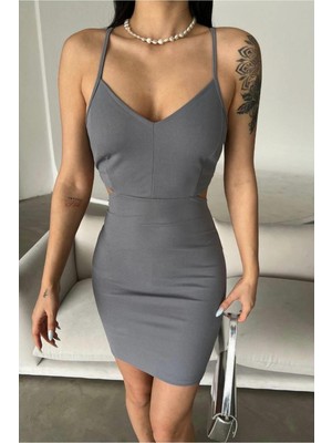 Lior Design Kadın Trend Model Krep Kumaş V Yaka Kemerli Mini Askılı Elbise
