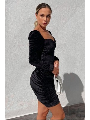 Lior Design Kadın Modern Kadife Kumaş Kalp Yaka Büzgülü Abiye Elbise