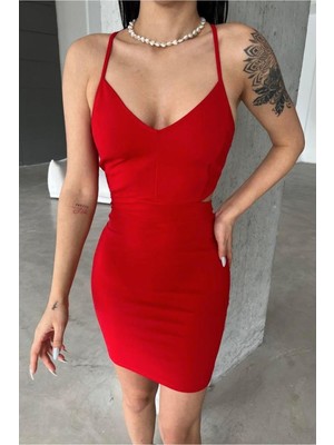 Lior Design Kadın Trend Model Krep Kumaş V Yaka Kemerli Mini Askılı Elbise