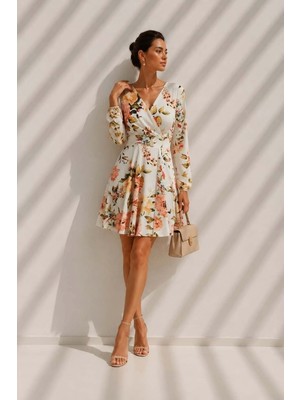 Lior Design Kadın Trend Model Kruvaze Yaka Mini Uzun Kollu Abiye Elbise