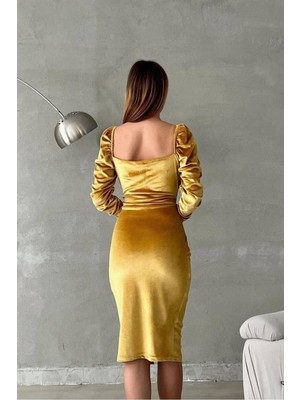 Lior Design Kadın Zarif Stil Kadife Kumaş Kalp Yaka Yırtmaçlı Midi Abiye Elbise