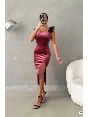 Lior Design Kadın Modern Tasarım Kadife Kumaş Kare Yaka Askılı Abiye Elbise