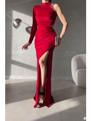 Lior Design Kadın Şık Model Kadife Kumaş Dik Yaka Taş Detaylı Abiye Elbise