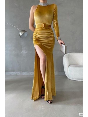 Lior Design Kadın Gösterişli Esnek Saten Kumaş Tek Omuz Yırtmaçlı Abiye Elbise