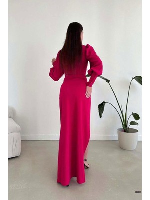 Lior Design Kadın Modern Stil Esnek Krep Kumaş Dik Yaka Yırtmaçlı Abiye Elbise