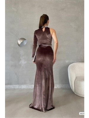 Lior Design Kadın Gösterişli Esnek Saten Kumaş Tek Omuz Yırtmaçlı Abiye Elbise