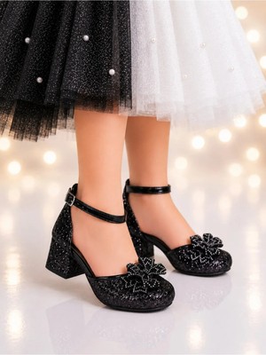 NeSe Shoes Işıl Işıl Kız Çocuk Topuklu Ayakkabı, Abiye Ayakkabı, Yeni Sezon, Pırıltılı Siyahck