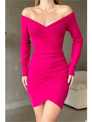 Lior Design Kadın Modern Tasarım Kruvaze Yaka Büzgülü Mini Uzun Kollu Elbise