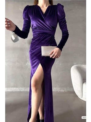 Lior Design Kadın El Emeği Kadife Kumaş Kruvaze Yaka Yırtmaçlı Maxi Abiye Elbise