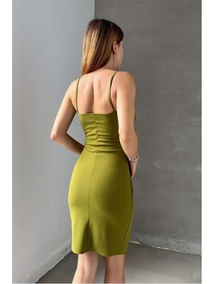Lior Design Kadın Yeni Sezon V Yaka Yırtmaçlı Mini Askılı Abiye Elbise