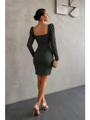 Lior Design Kadın Trend Tasarım Kare Yaka Mini Uzun Kollu Elbise