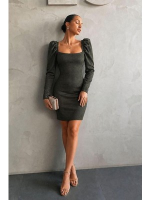 Lior Design Kadın Trend Tasarım Kare Yaka Mini Uzun Kollu Elbise