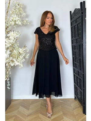Ges Moda G1946 Payet ve Şifon Detaylı Elbise Siyah