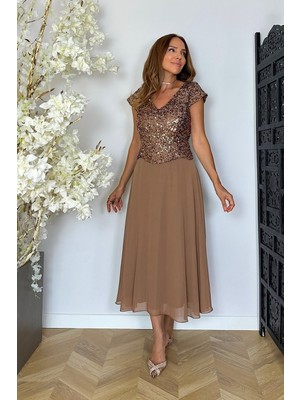 Ges Moda G1946 Payet ve Şifon Detaylı Elbise Bronz