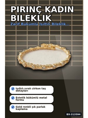 Hesc Bilişim Sıralı Zirkon Taşlı Pirinç Kadın Bileklik - Gold Renk Tekli Parça, Bijuteri Aksesuar BX-313594