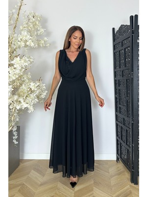 Ges Moda G1931 Dantel Detaylı Şifon Elbise Siyah