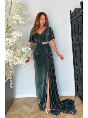 Ges Moda G1938 Taş ve Drape Detaylı Simli Maksi Abiye Elbise Zümrüt