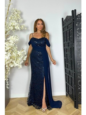 Ges Moda G1949 Şifon Detaylı Payet Tasarım Elbise Lacivert
