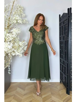 Ges Moda G1946 Payet ve Şifon Detaylı Elbise Haki