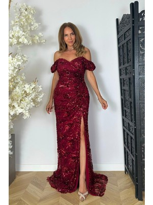 Ges Moda G1853 Madonna Yaka Payet Maksi Abiye Elbise Bordo