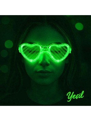 Gees Global  Yeşil LED Işıklı Kalp Gözlük – 3 Modlu Parti & Glow Gözlüğü