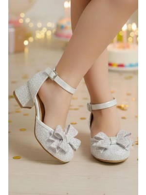 NeSe Shoes Işıltılı ve Taşlı Fiyonklu Kız Çocuk Topuklu Ayakkabı, Abiye Ayakkabı, Yeni Sezon, Pırıltılı Yenifiyonkbeyaz
