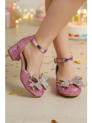 NeSe Shoes Işıltılı ve Taşlı Fiyonklu Kız Çocuk Topuklu Ayakkabı, Abiye Ayakkabı, Yeni Sezon, Pırıltılı Yenifiyonkpembe
