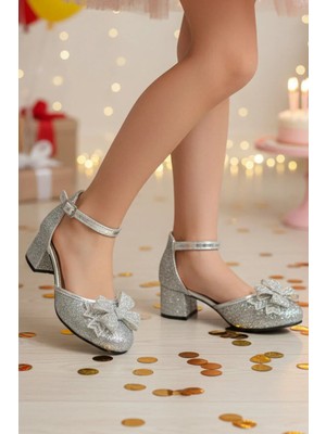 NeSe Shoes Işıltılı ve Taşlı Fiyonklu Kız Çocuk Topuklu Ayakkabı, Abiye Ayakkabı, Yeni Sezon, Pırıltılı Yenifiyonkgümüş