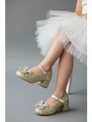 NeSe Shoes Işıltılı ve Taşlı Fiyonklu Kız Çocuk Topuklu Ayakkabı, Abiye Ayakkabı, Yeni Sezon, Pırıltılı Altındekolte
